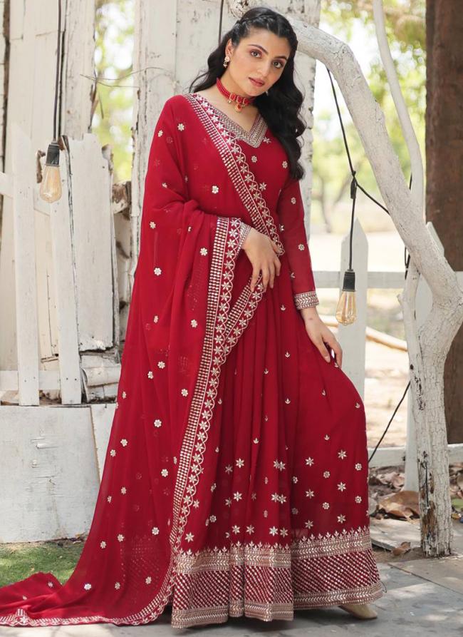 Faux Georgette Maroon Wedding Wear Embroidery Work Readymade Gown With Dupatta